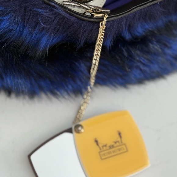 Henri Bendel Foldover Clutch / Shoulder Black Calf w/blue fur Bag ~ EUC & Rare - Picture 6 of 16